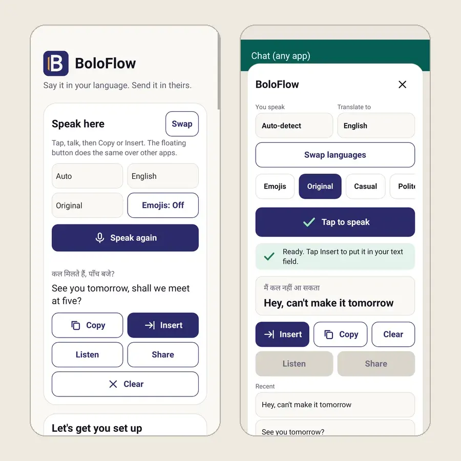 Two screens of the BoloFlow Android app: the home screen and the floating translator panel. Illustrative renders of the app.