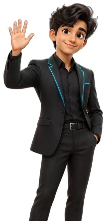 Sujon's Zyqor Studio character: a young man in a black suit with glowing teal edges