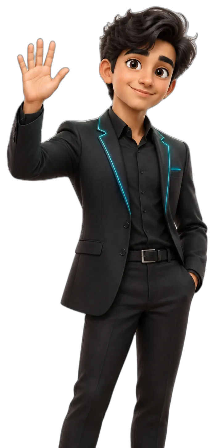 Sujon's Zyqor Studio character: a young man in a black suit with glowing teal edges