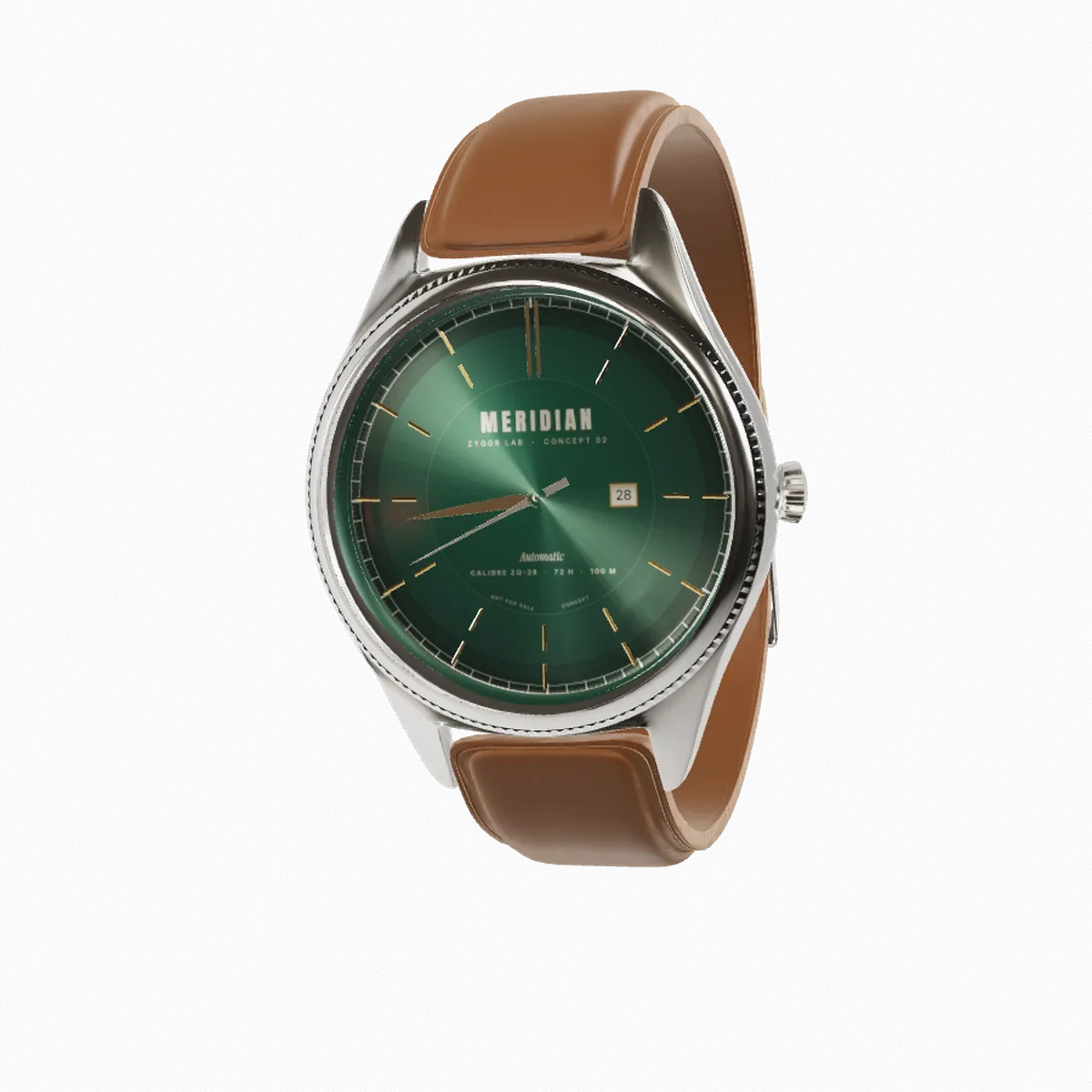 The Meridian Automatic: a steel dress watch with a fluted bezel, sunburst green dial and tan leather strap (concept)