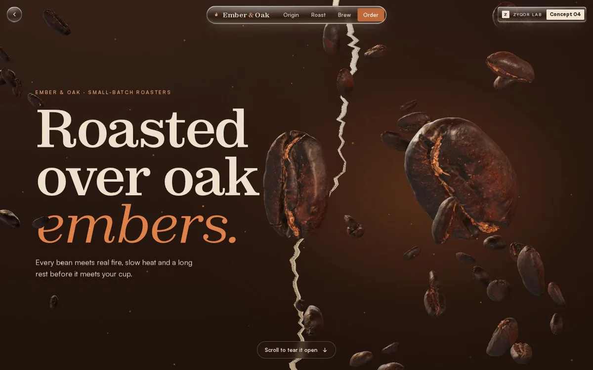 Ember & Oak concept, first screen