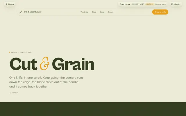 Cut & Grain Knives concept, a screenshot of its real-time 3D first screen