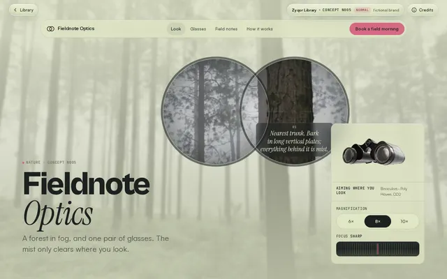 Fieldnote Optics concept, a screenshot of its real-time 3D first screen