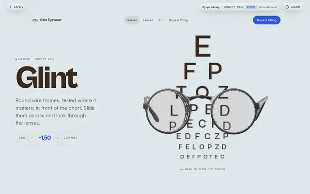 Glint Eyewear concept, a screenshot of its real-time 3D first screen